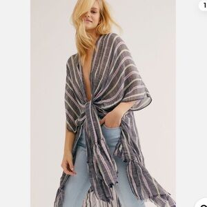 Free People- There She Goes Ruffle Stripe Kimono - Denim - OS